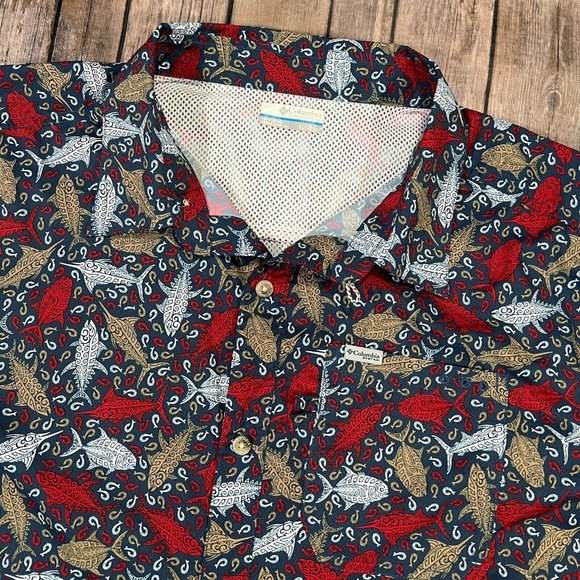 Columbia PFG Fish Print Vented Short Sleeve Button Shirt XLT Mens Red Blue AOP - Picture 2 of 9